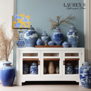 Tafellamp Delftsblauw met Chinoiserie Lampenkap in geel en Blauw Design | Lauren S