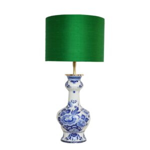 Tafellamp Delftsblauw met Zijden Lampenkap Groen Emerald Wilde zijde | Lauren S