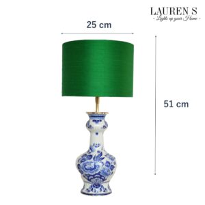 Tafellamp Delftsblauw met Zijden Lampenkap Groen Emerald Wilde zijde | Lauren S