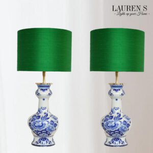 Tafellamp Delftsblauw met Zijden Lampenkap Groen Emerald Wilde zijde | Lauren S