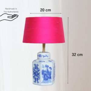 Tafellamp Chinees Porselein Lamp Blauw met Zijden Lampenkap Hot Pink | Lauren S