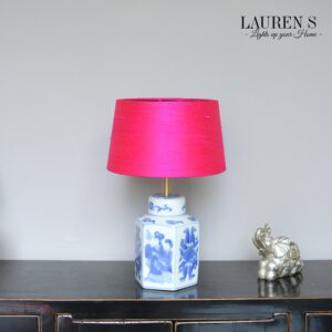 Tafellamp Chinees Porselein Lamp Blauw met Zijden Lampenkap Hot Pink | Lauren S