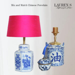 Tafellamp Chinees Porselein Lamp Blauw met Zijden Lampenkap Hot Pink | Lauren S