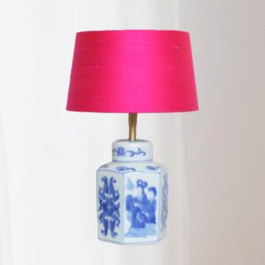 Tafellamp Chinees Porselein Lamp Blauw met Zijden Lampenkap Hot Pink | Lauren S