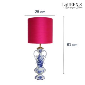 afmetingen blauw keramieken lamp met roze kap